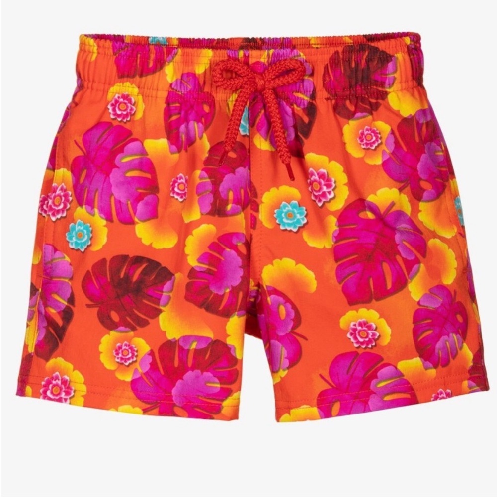 Vilebrequin Orange Swim Trunks with Pink & Yellow Floral Print
